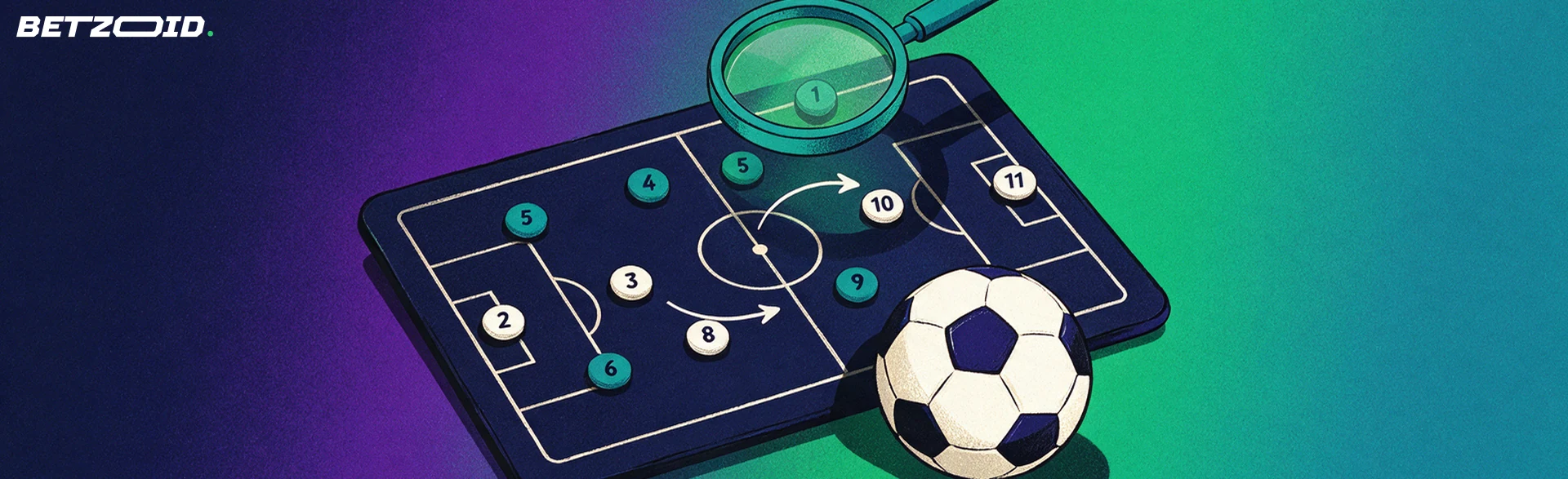 Illustration einer geneigten Taktiktafel mit vereinfachtem Fußballfeld, Aufstellungspunkten, Pfeilen, einer Lupe und einem Fußball.