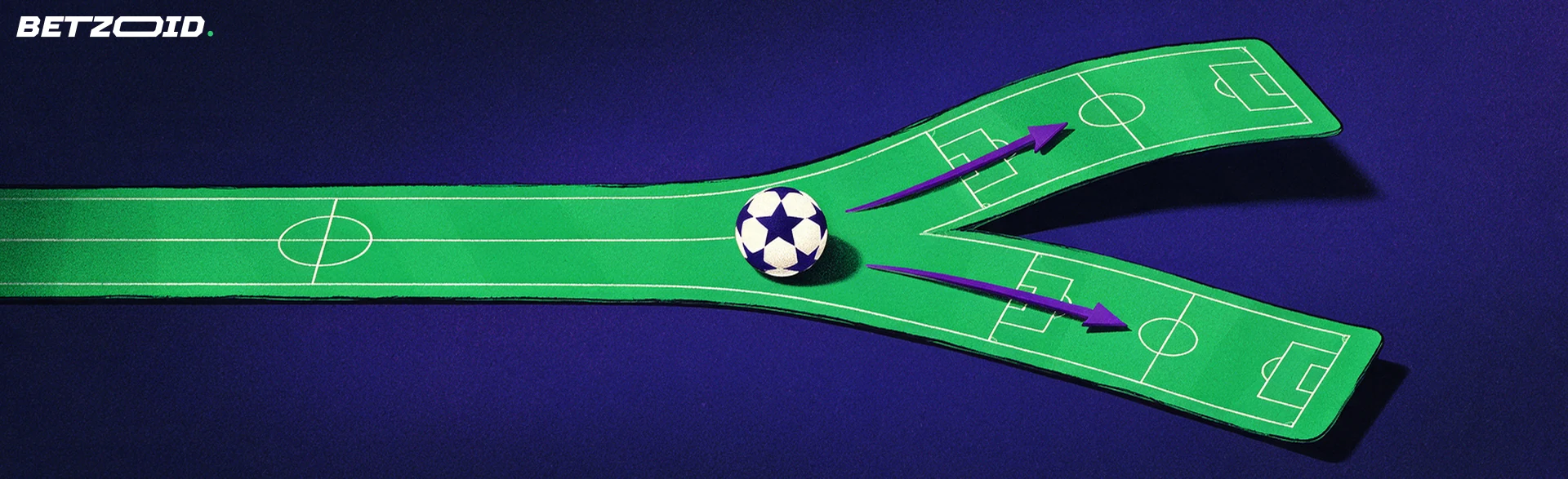 Illustration eines grünen Fußballfeldes als Band, das sich in zwei Wege teilt, mit einem Ball an der Gabelung und zwei Richtungspfeilen.