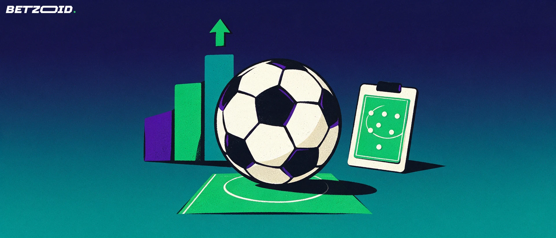 Ilustrație cu o minge de fotbal pe o porțiune de gazon, bare de comparație și o săgeată ascendentă alături de un clipboard tactic.