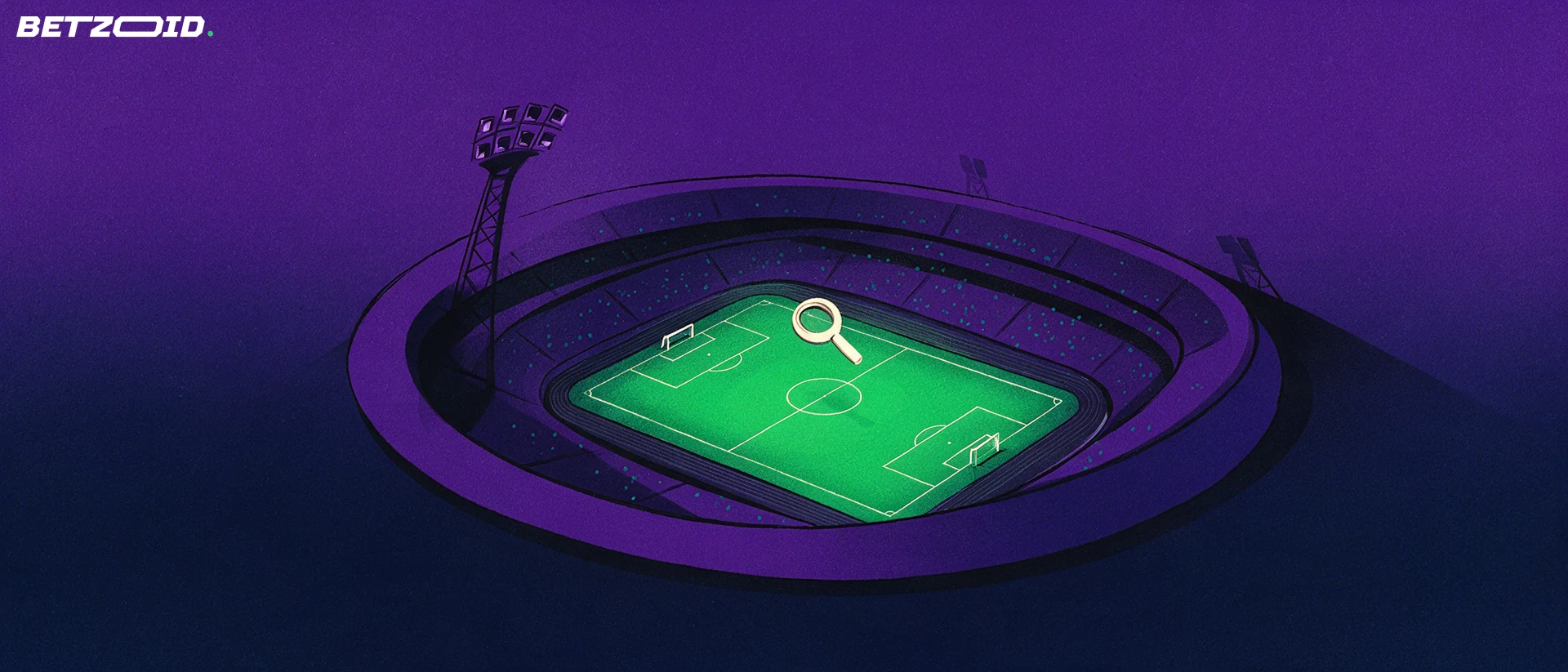 Ilustrație a unui stadion de fotbal văzut de sus, cu teren verde, nocturnă și o lupă deasupra centrului terenului.
