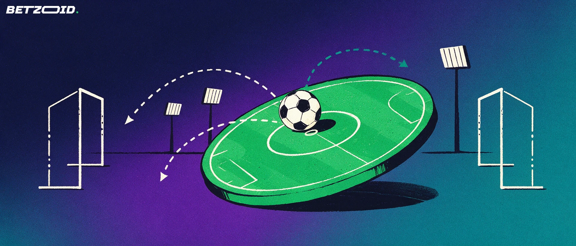Ilustrație cu o porțiune rotundă de teren de fotbal, o minge pe punctul central și săgeți punctate spre două porți stilizate