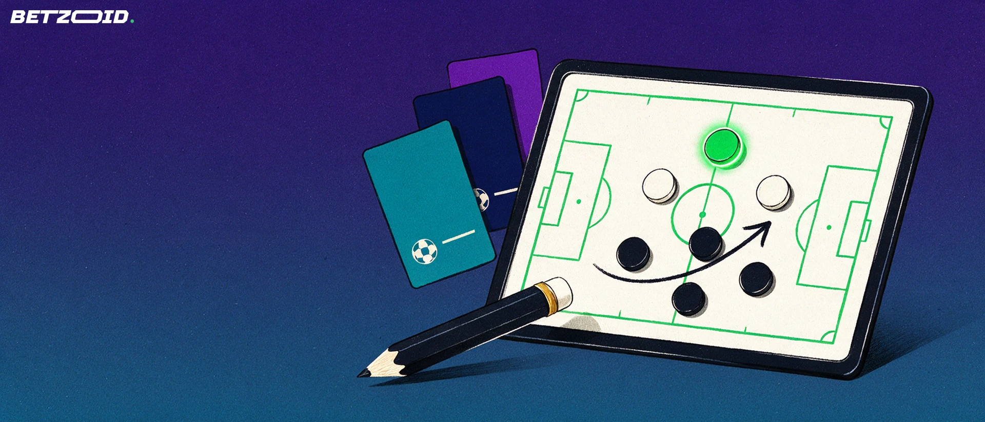 Ilustrație cu o tablă tactică de fotbal cu discuri magnetice și o săgeată, alături de trei cartonașe pentru etape și un creion