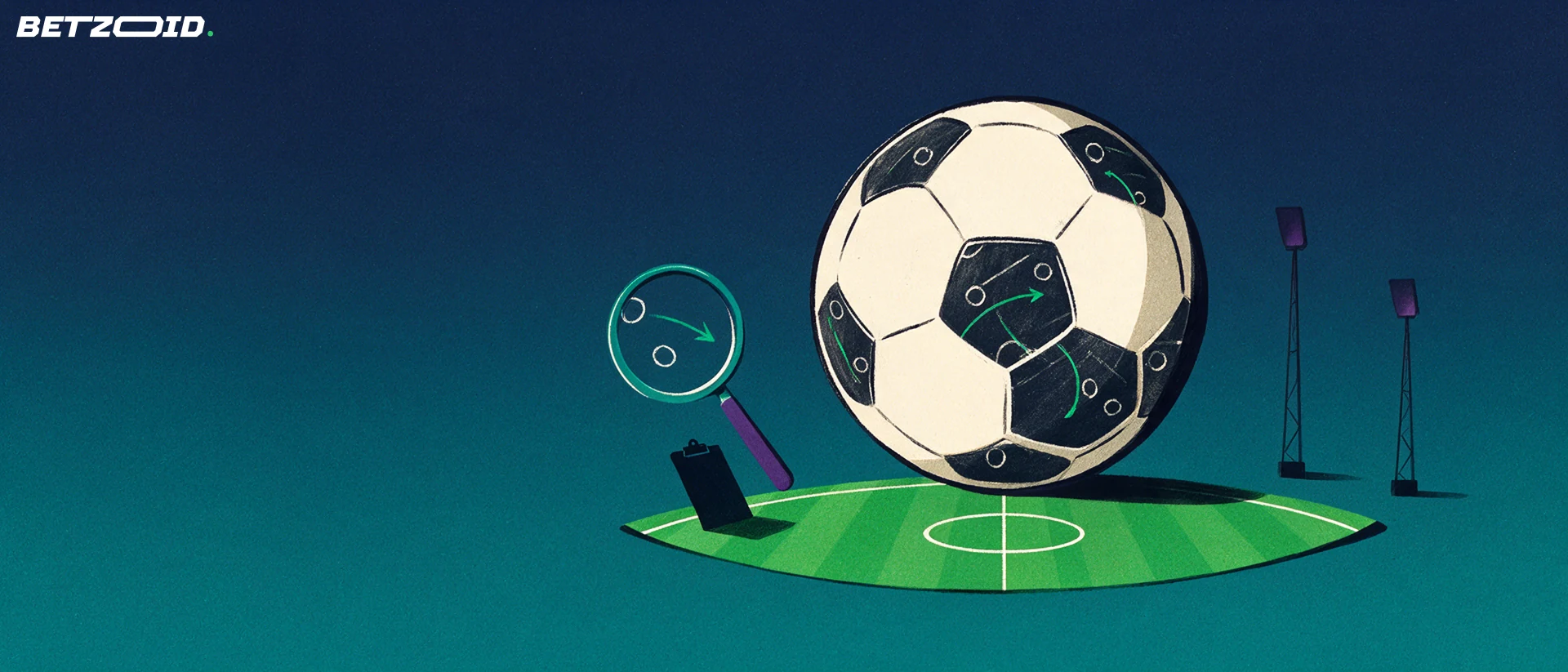 Ilustrație cu o minge de fotbal desenată cu schițe tactice pe panouri, o lupă care mărește o săgeată de atac și o porțiune de gazon cu linii albe.