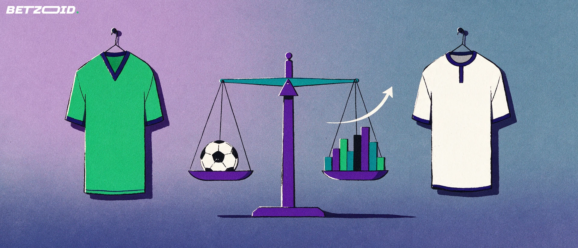 Ilustrație cu două tricouri de fotbal fără embleme și o balanță care cântărește o minge și bare de formă.