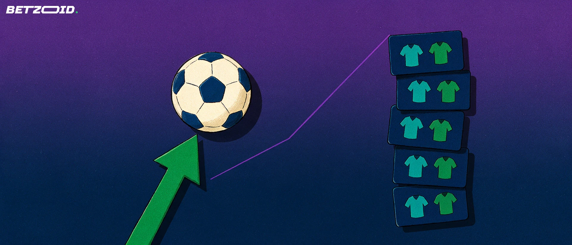 Illustration med en fodbold balancerende på en stigende pil ved siden af en stak kampkort med enkle trøjesymboler.