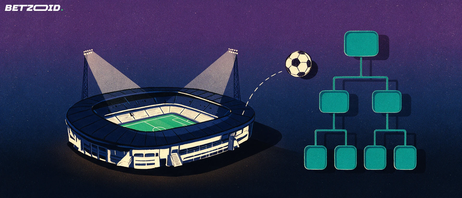 Kuvitus jalkapallostadionista valonheittimineen ja viereisestä tyhjästä pudotuspelikaaviosta, jota kohti pallo kaartaa.