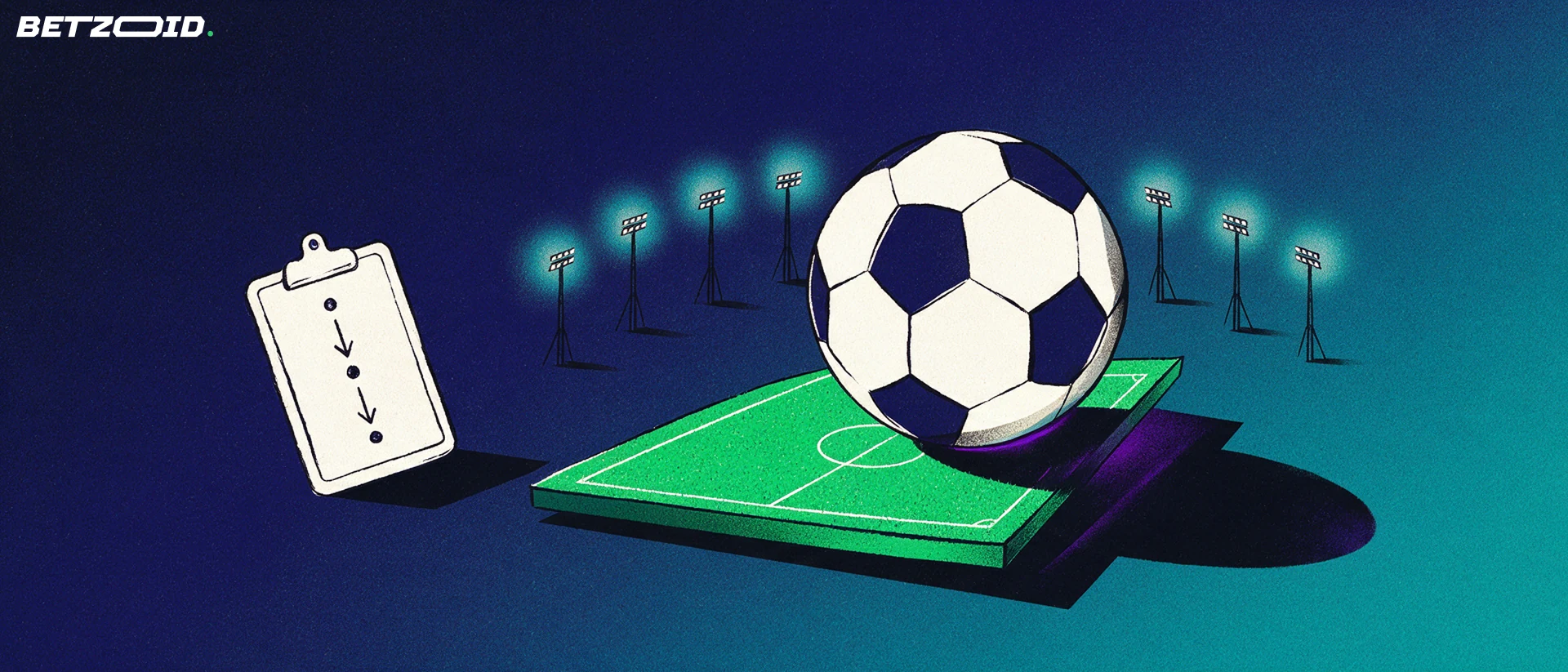 Illustration av en fotboll på en grön planbit framför en båge av strålkastarmaster och en enkel anteckningstavla med pilar.