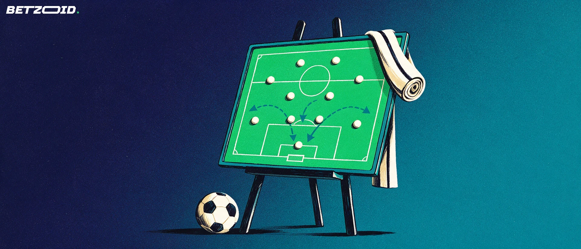Illustration av en taktiktavla med fotbollsplan, spelarmarkörer och pilar samt en fotboll på golvet.