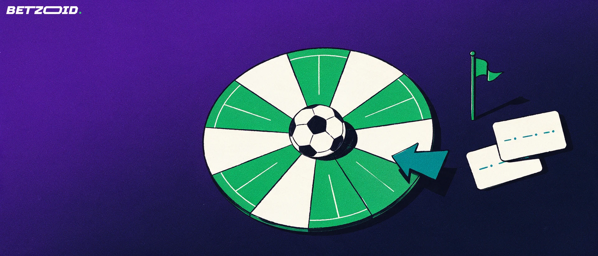 Illustration av ett runt hjul med planformade segment, en fotboll i mitten och en pil som pekar mot nästa omgång.