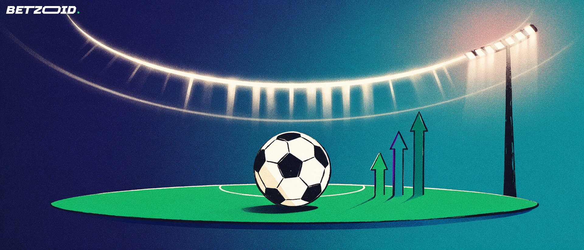 Illustration av en fotboll på en grön planbåge framför stiliserade strålkastare och uppåtriktade pilar.