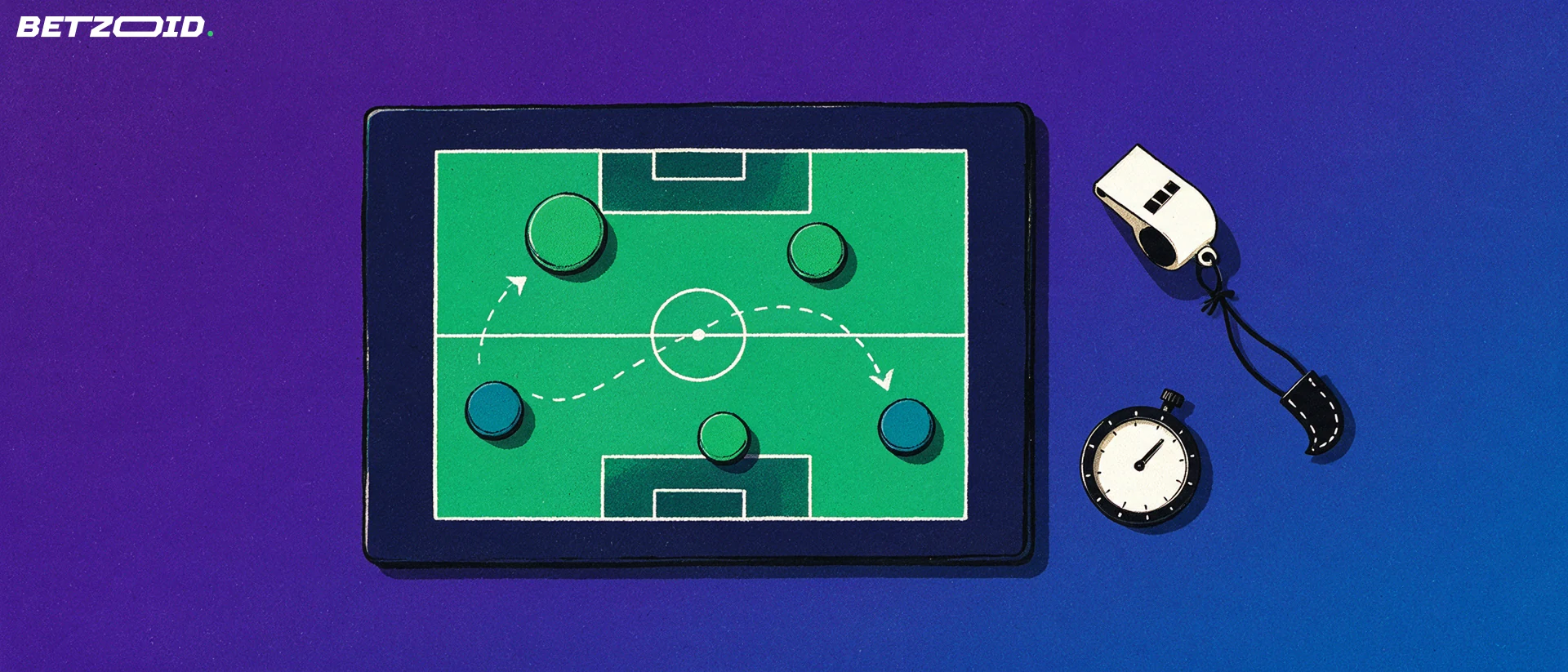 Illustration ovanifrån av en taktiktavla med fotbollsplan, spelmarkörer, pilar, visselpipa och tidtagarur.