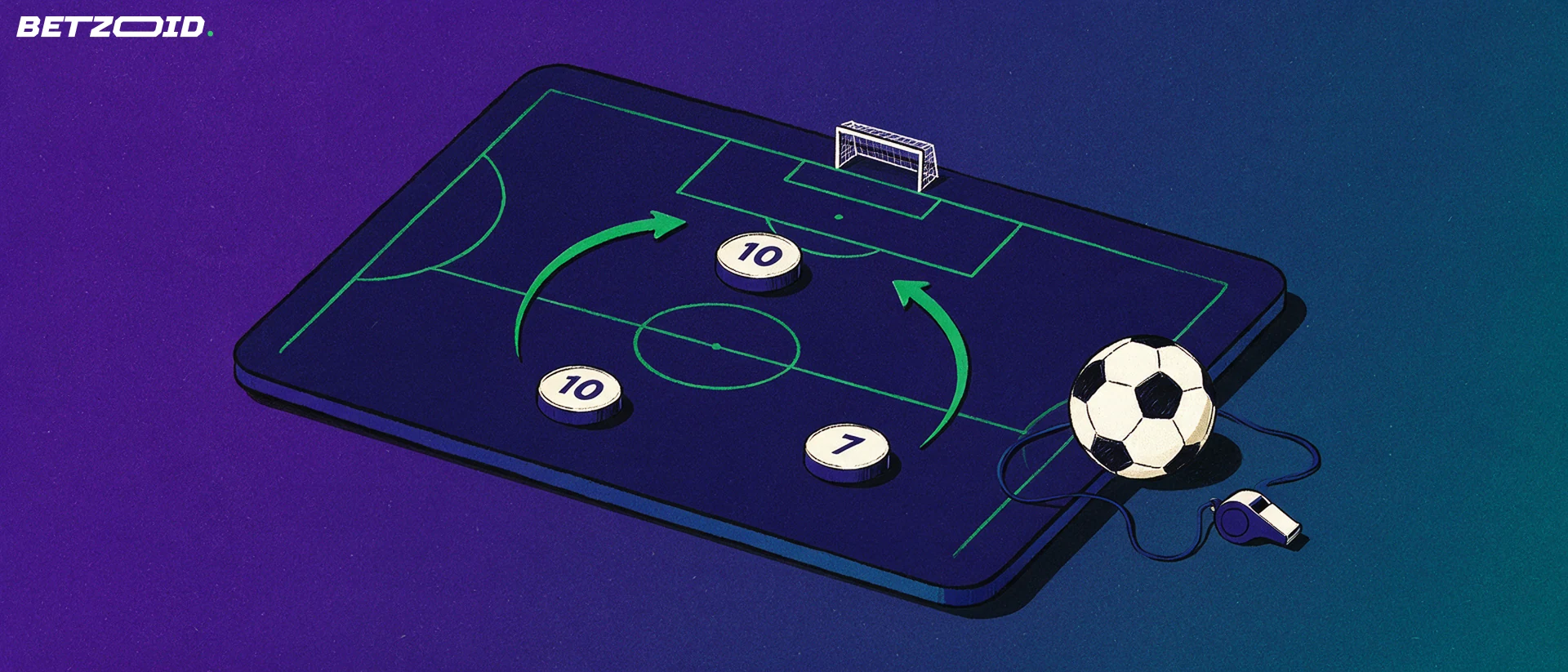 Illustration av en taktiktavla med fotbollsplan, spelarmarkörer, pilar och en fotboll.