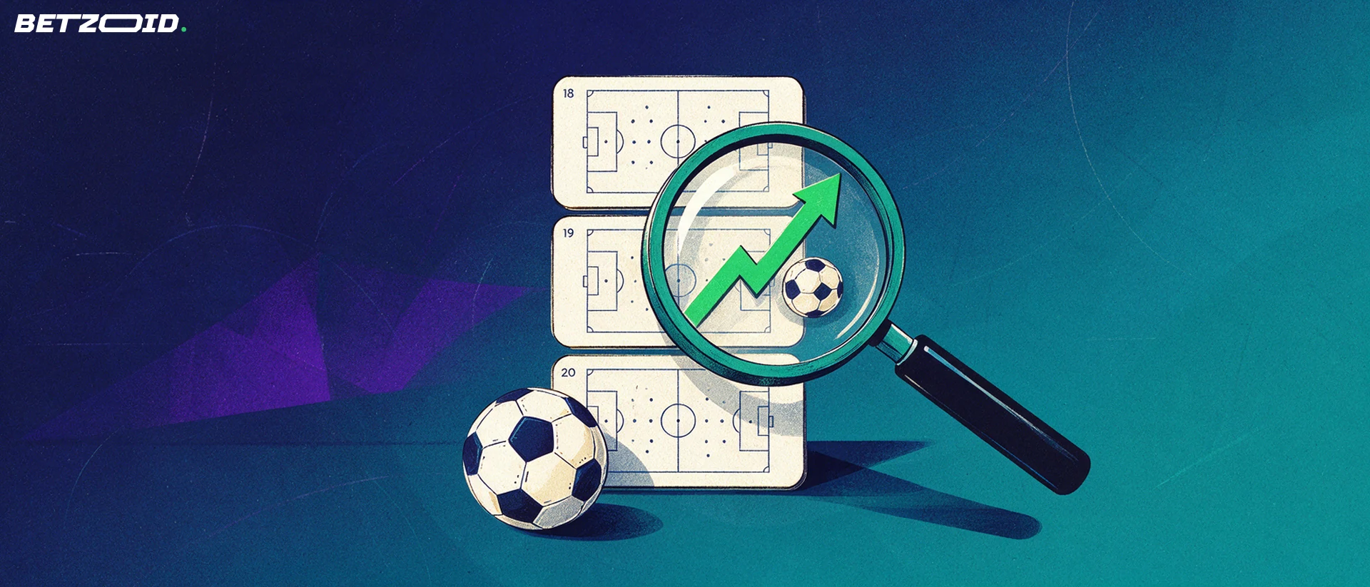 Illustration av ett förstoringsglas över omgångskort med planikoner, en fotboll och en stigande pil.