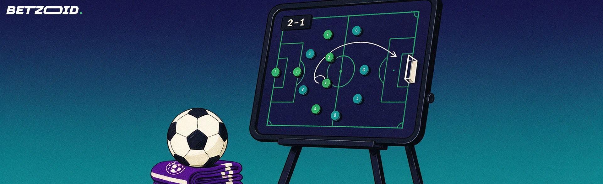 Illustration av en taktiktavla med fotbollsformation, pilar, en fotboll och en halsduk.