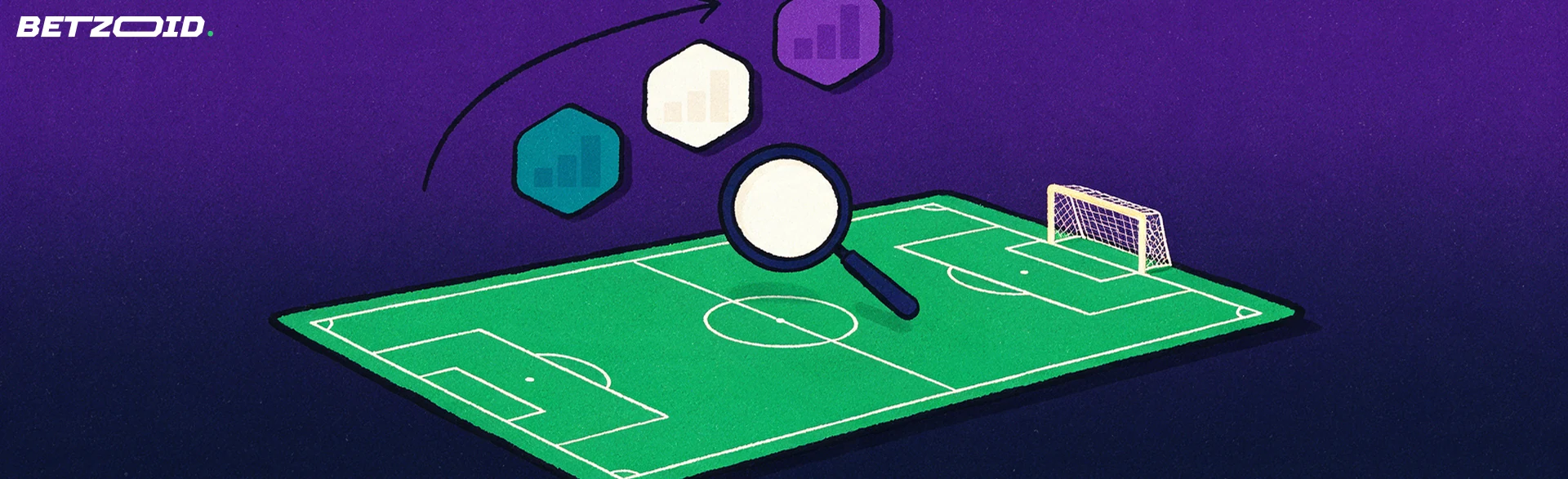 Illustration av en fotbollsplan sedd i perspektiv med förstoringsglas och uppåtriktad pil med formmarkeringar.