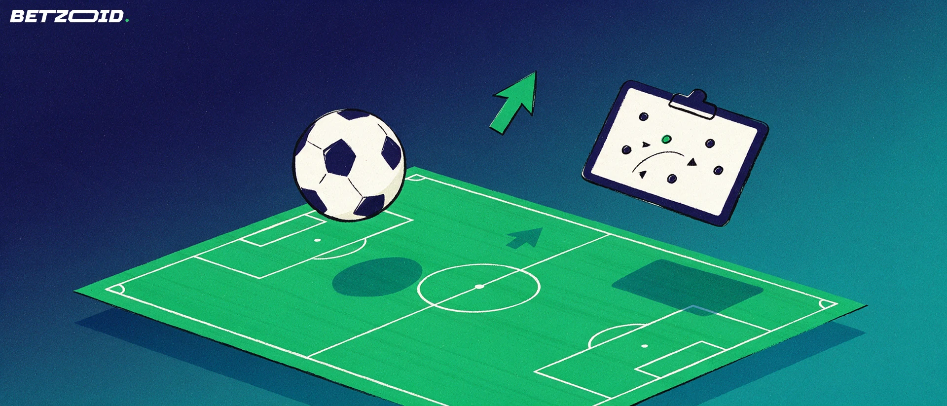 Illustration av en fotbollsplan sedd i perspektiv med en fotboll, en pil uppåt och ett analysblock med enkla taktiksymboler.