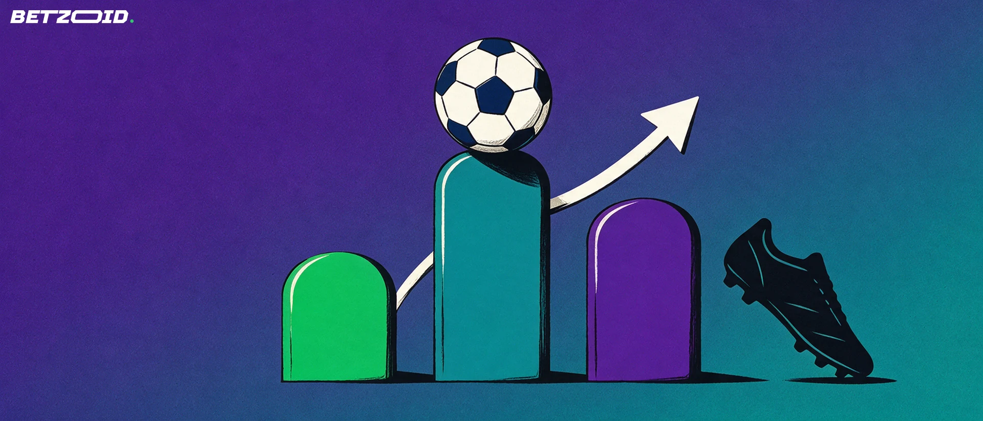 Illustration med tre staplar i olika höjd, en fotboll överst, en uppåtsvängd pil och en fotbollsskos silhuett.