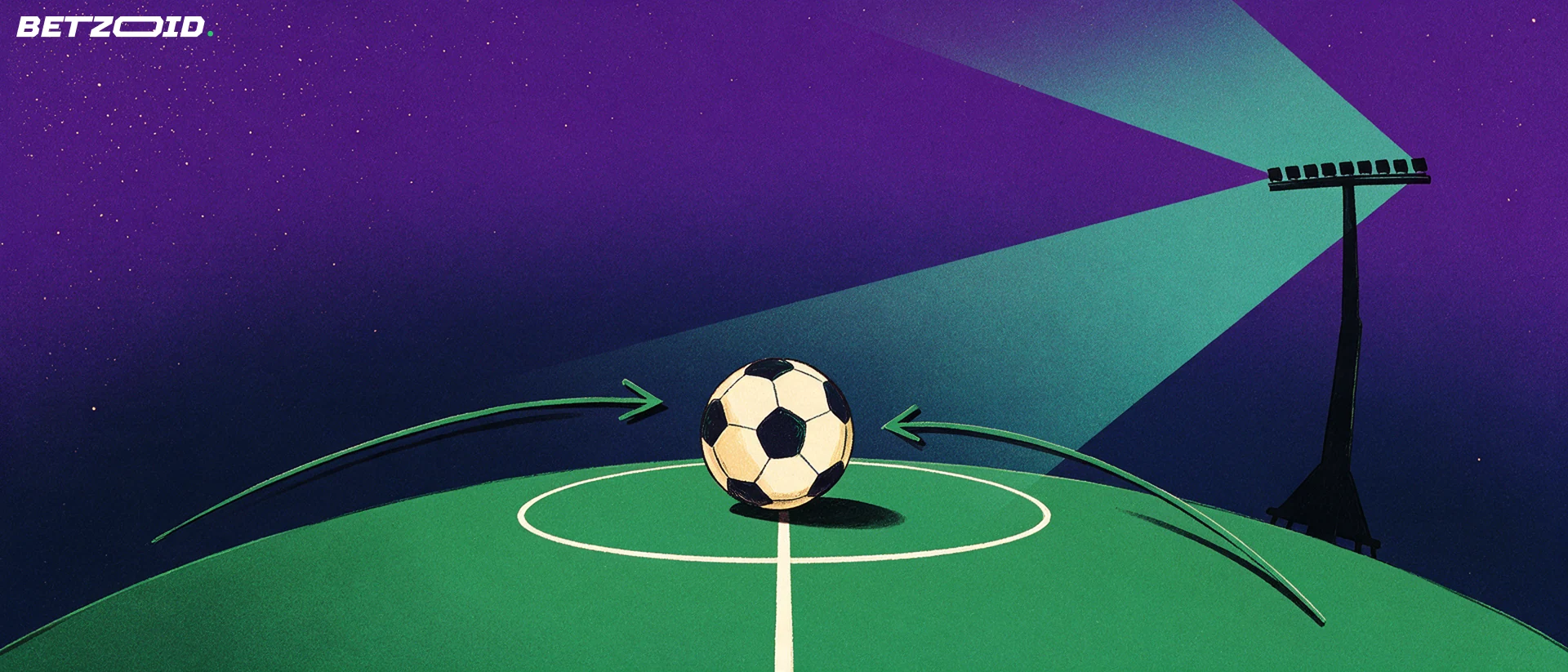 Illustration av en fotboll på mittpunkten av en planhalva med strålkastare och pilar som visar spelvägar.