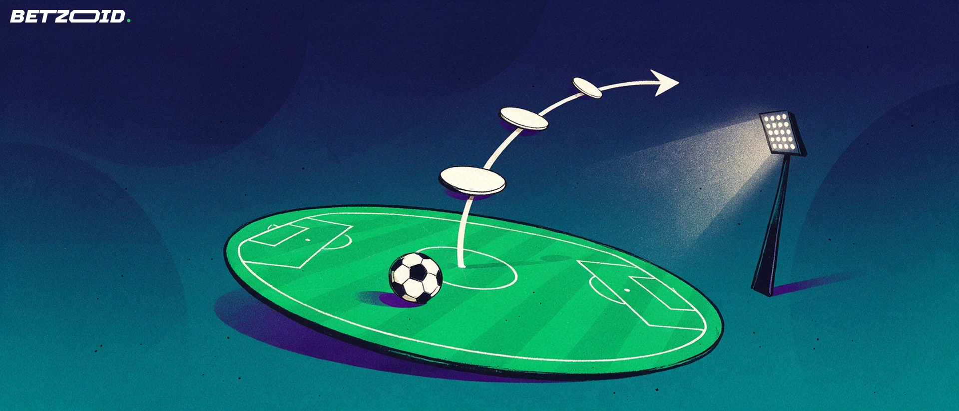 Illustration af en fodboldbane set fra siden med en bue-formet pil, der peger fremad over tre markører, samt en fodbold og en lysmast.
