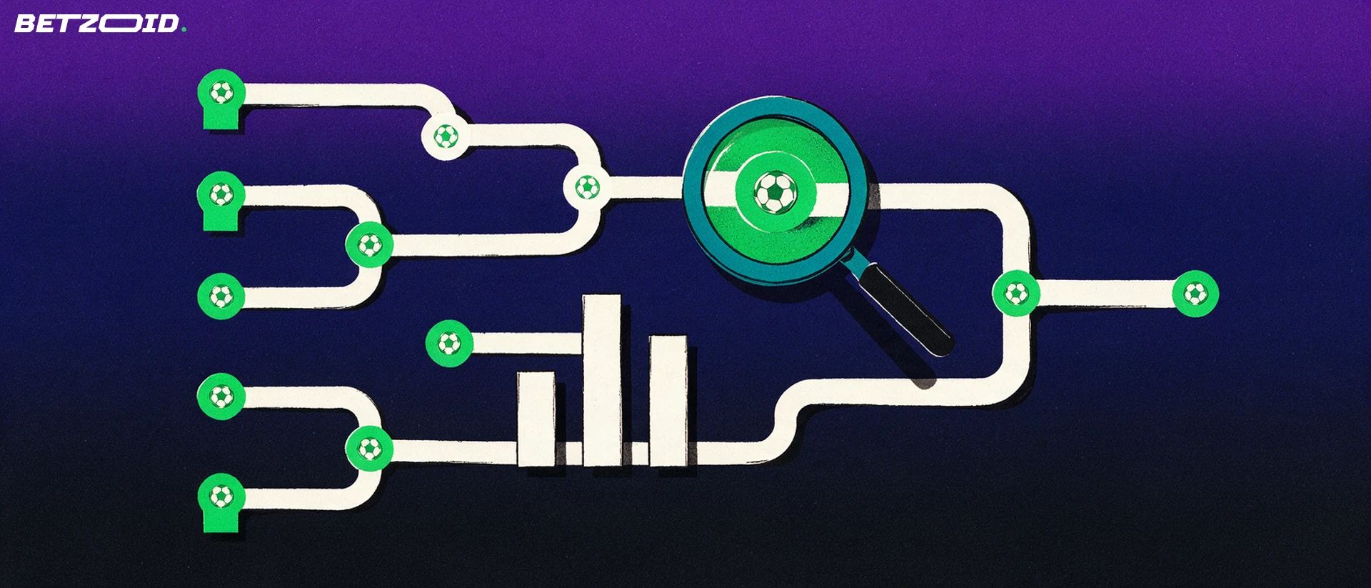 Illustration af et turneringsdiagram med kampgrene, hvor et forstørrelsesglas fremhæver en fodbold ved en af forgreningerne ved siden af tre søjler.
