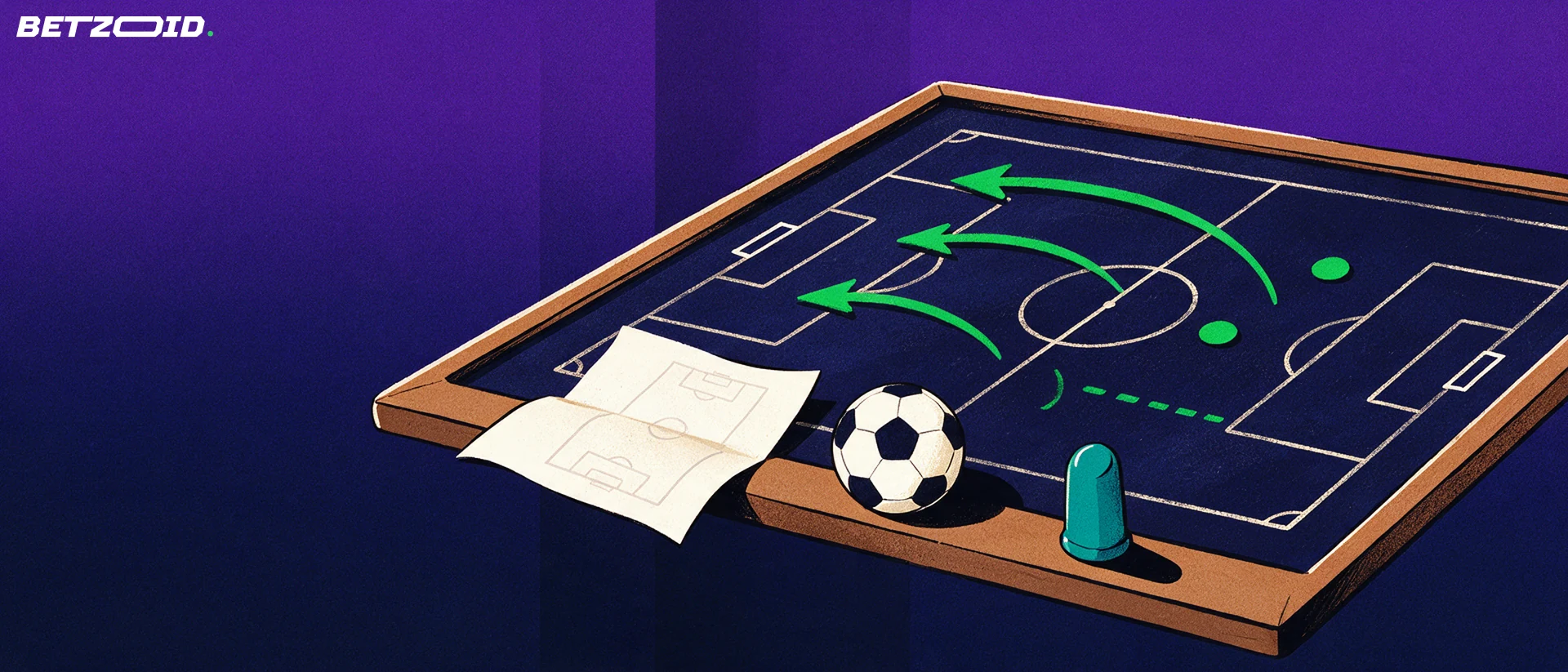 Illustration af en taktiktavle med fodboldbane, grønne pile og en fodbold på kanten
