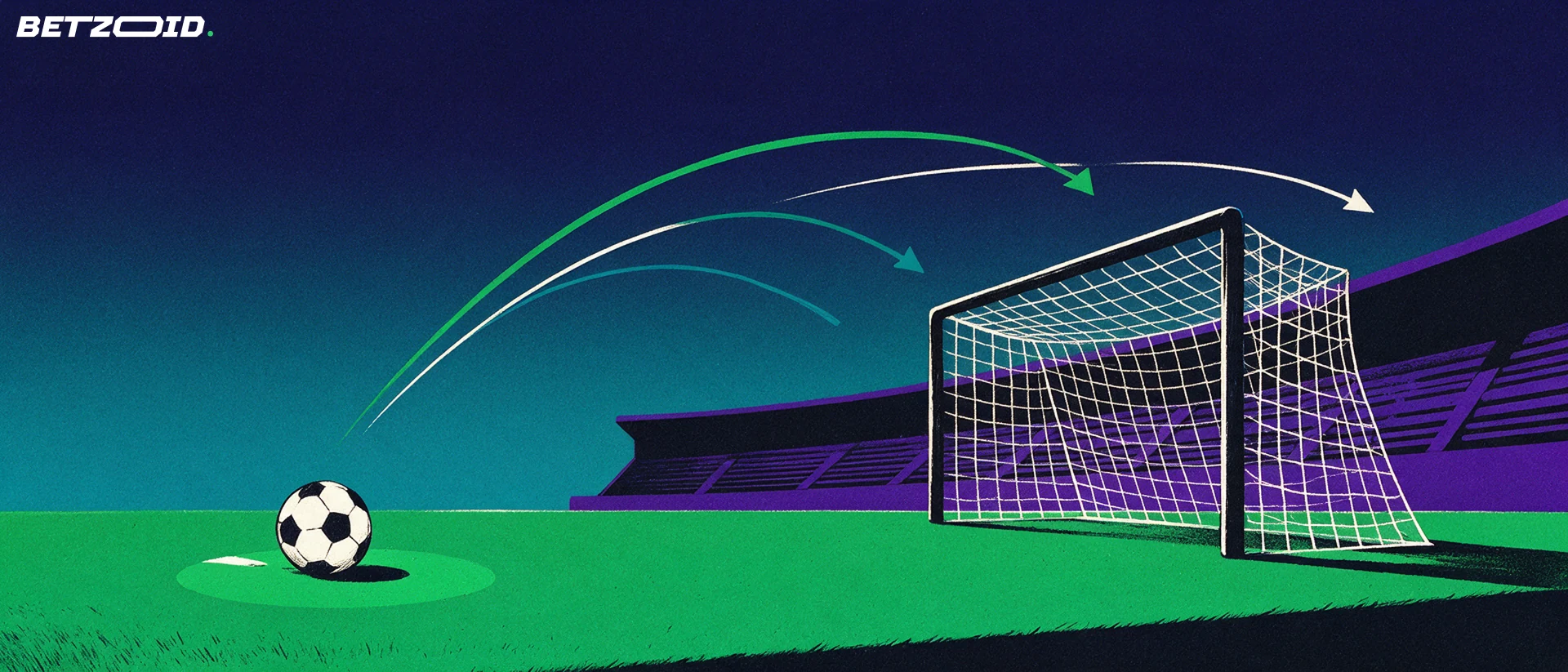 Illustration af en fodbold på straffesparkspletten med tre buede pile mod målet foran en enkel tribune