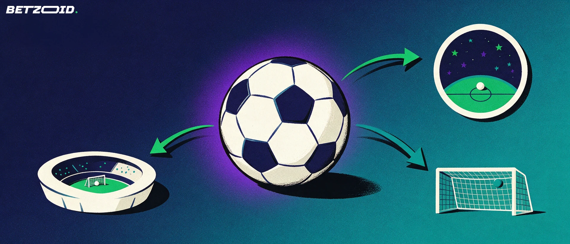 Ilustración de un balón de fútbol con flechas que apuntan a un estadio y un círculo de estrellas, sobre fondo azul marino.