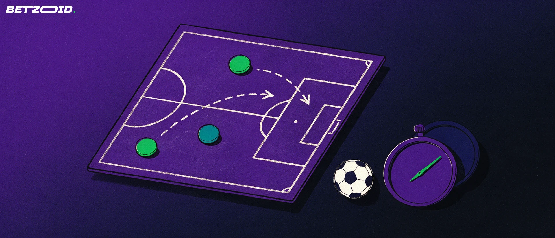 Ilustración de una pizarra táctica de fútbol con fichas y flechas de jugada, junto a un balón y un cronómetro sencillo.