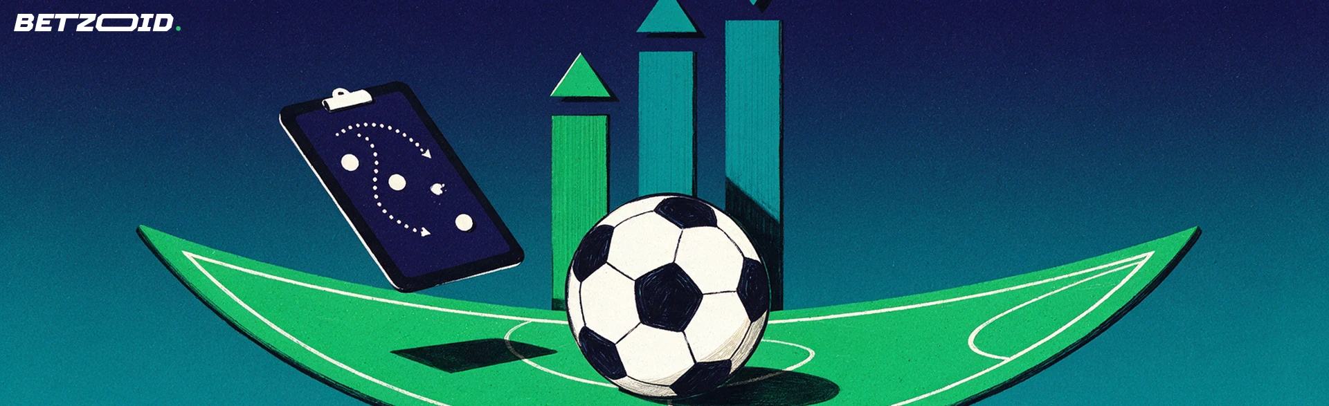 Ilustración de un balón de fútbol sobre un césped estilizado junto a barras comparativas con flechas y una pizarra táctica con trazos de movimiento.