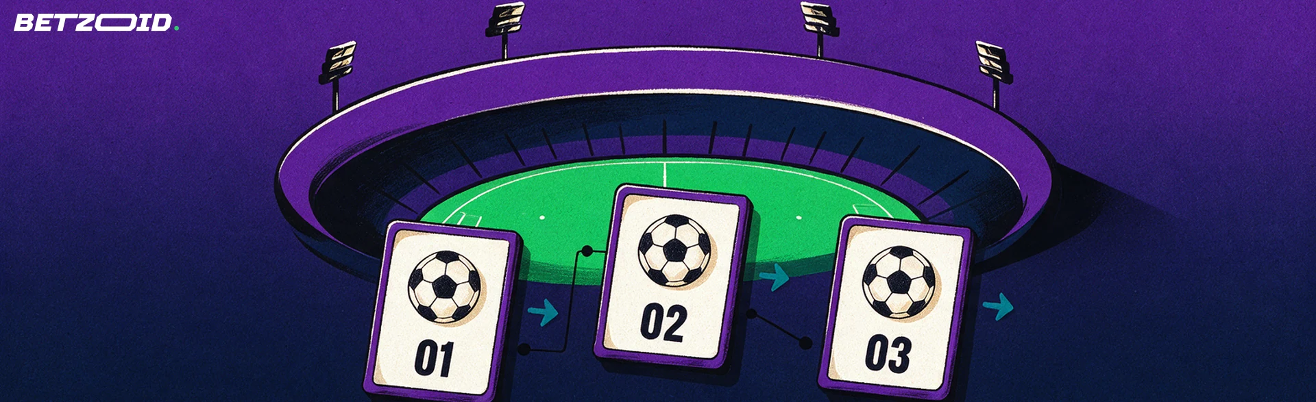 Ilustración de un estadio de fútbol estilizado con tres tarjetas de partidos alineadas, cada una con un icono de balón y una flecha.