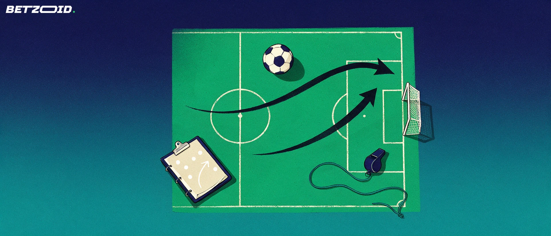 Ilustración de un campo de fútbol visto desde arriba con un balón, una pizarra táctica y flechas de jugada.