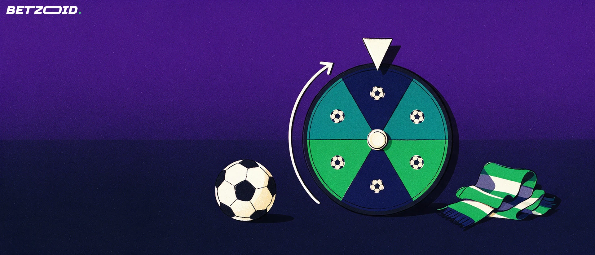 Ilustración de una rueda circular dividida en secciones con pequeños balones, una flecha indicadora, un balón de fútbol y una bufanda.