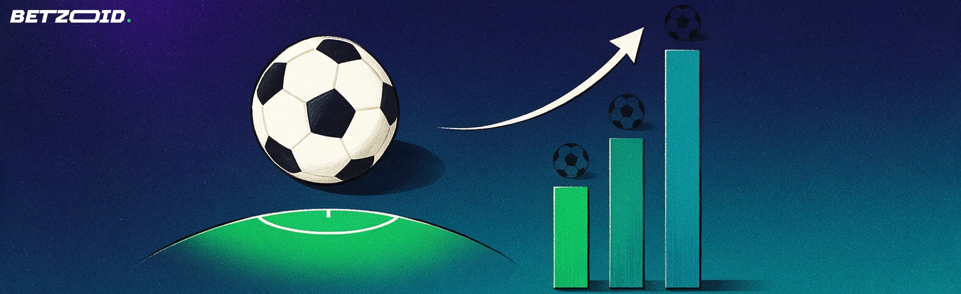Ilustración de un balón de fútbol sobre un arco de césped junto a tres barras ascendentes con una flecha hacia arriba.