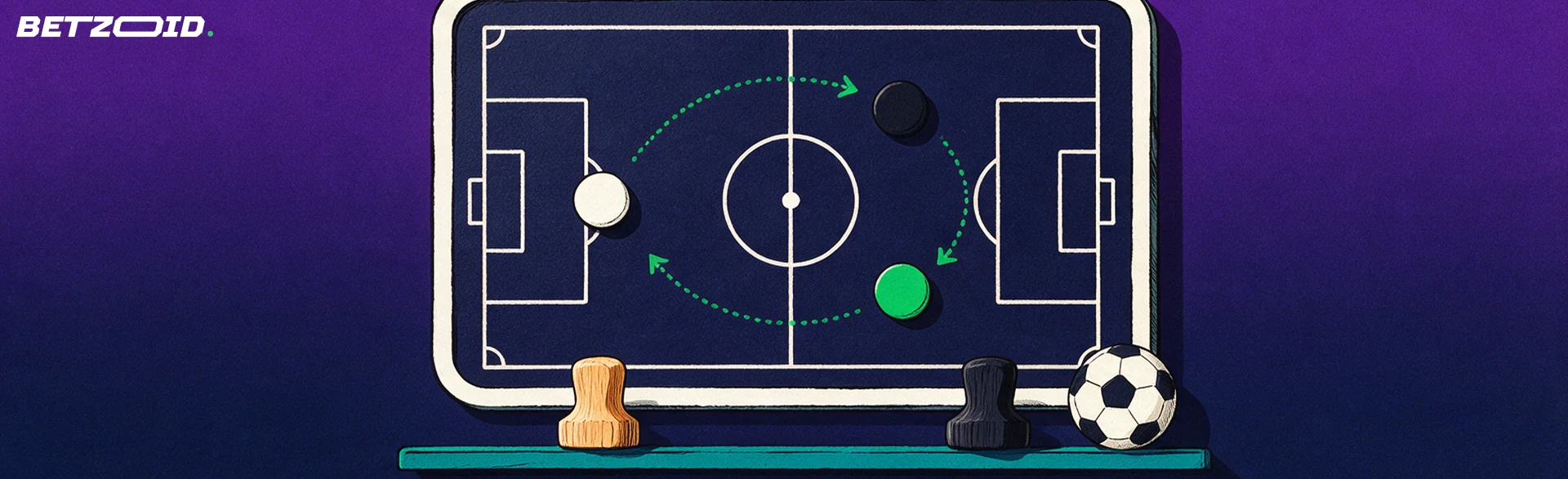 Ilustración de una pizarra táctica con un diagrama de campo de fútbol, fichas, flechas y un balón sobre un estante.