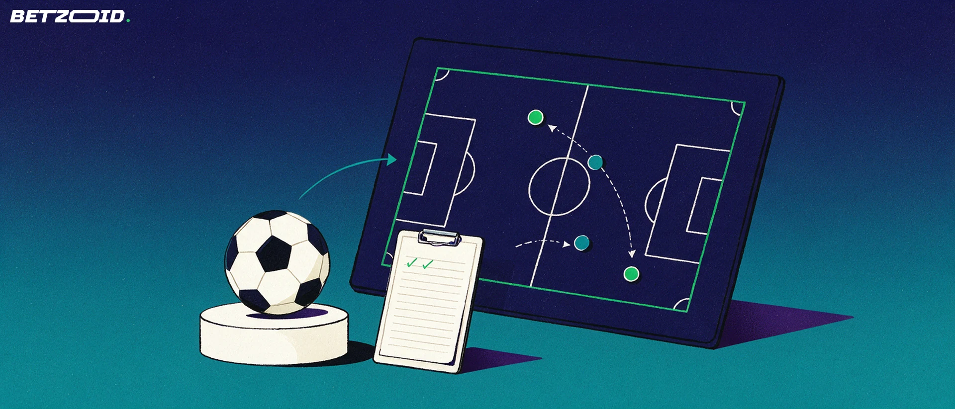 Ilustración de un pizarrón táctico con una cancha de futbol, flechas de movimiento y un balón junto a una tabla de apuntes.