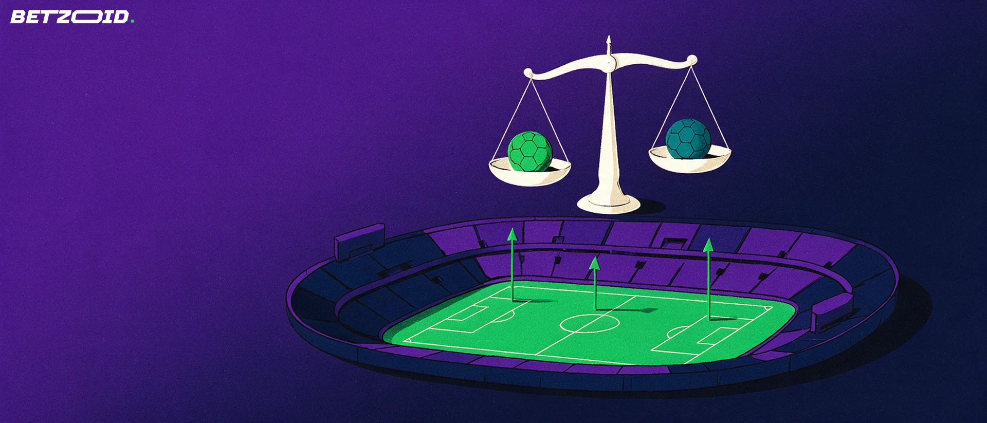 Ilustración de un estadio de futbol visto desde arriba con una balanza flotante que compara dos balones.