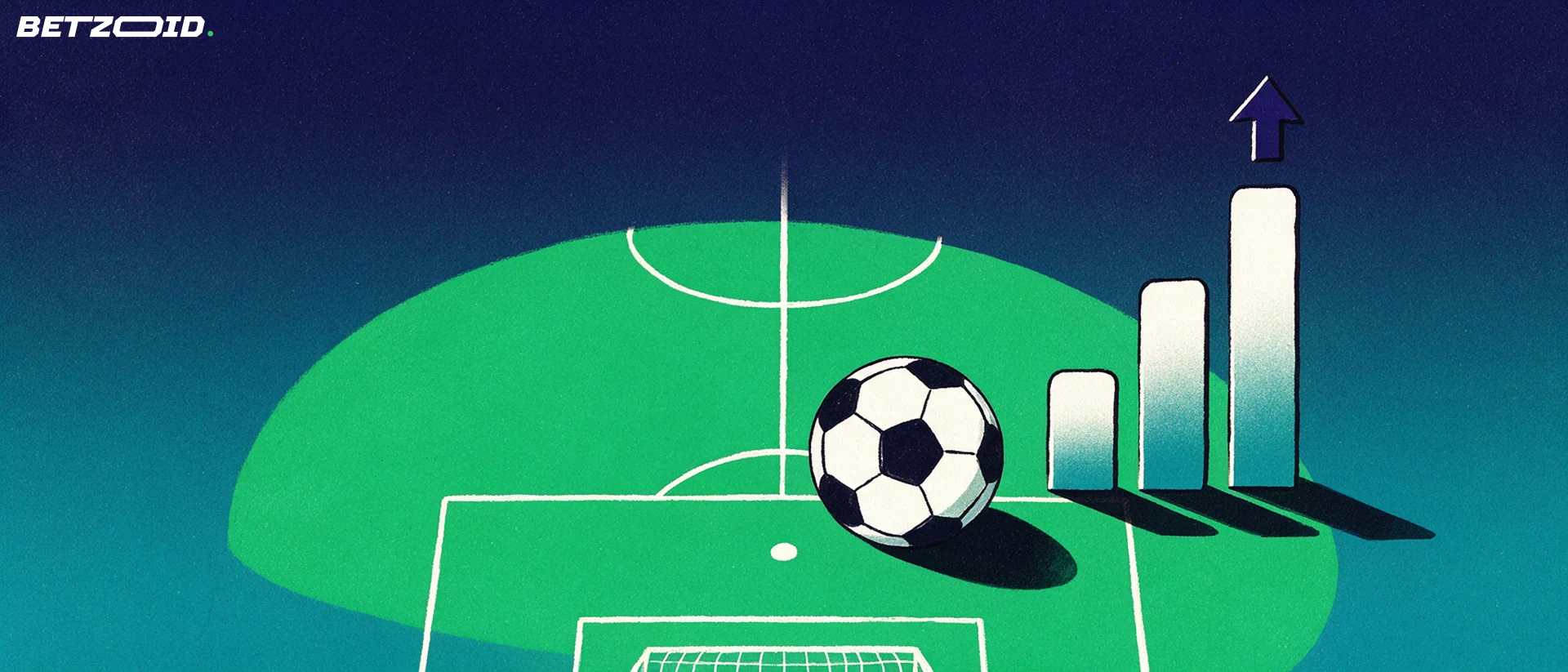 Ilustración a vista de pájaro de un campo de fútbol con un balón en el punto de penal y barras ascendentes que representan la tabla de la liga.