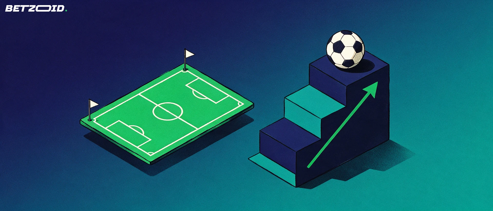 Ilustración de una cancha de futbol simplificada junto a tres escalones ascendentes con una flecha hacia arriba y un balón en el escalón más alto.