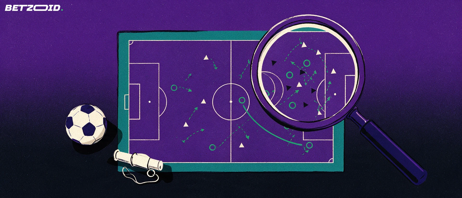 Ilustración de una lupa que amplía un diagrama táctico de futbol con flechas de movimiento, junto a un balón y un silbato.