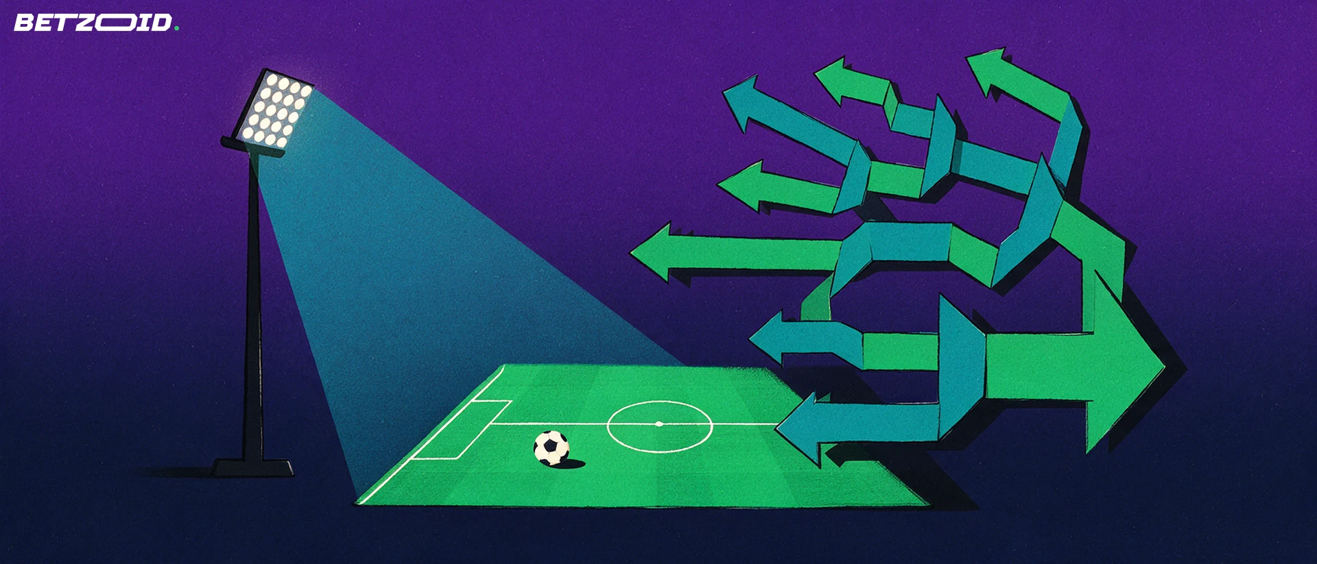 Illustrasjon av en lysmast som lyser over en grønn banestripe med en fotball, ved siden av en trapp av piler som smalner inn mot ett punkt.