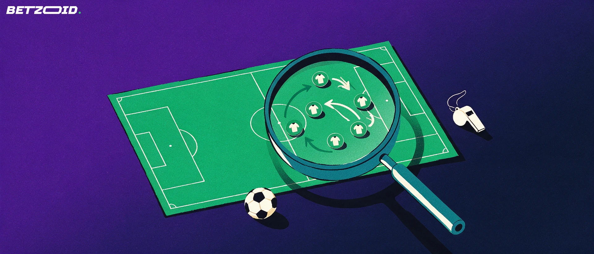 Illustrasjon av en fotballbane sett ovenfra med et forstørrelsesglass som viser buede piler mellom enkle spillermarkører, ved siden av en fotball og en fløyte.