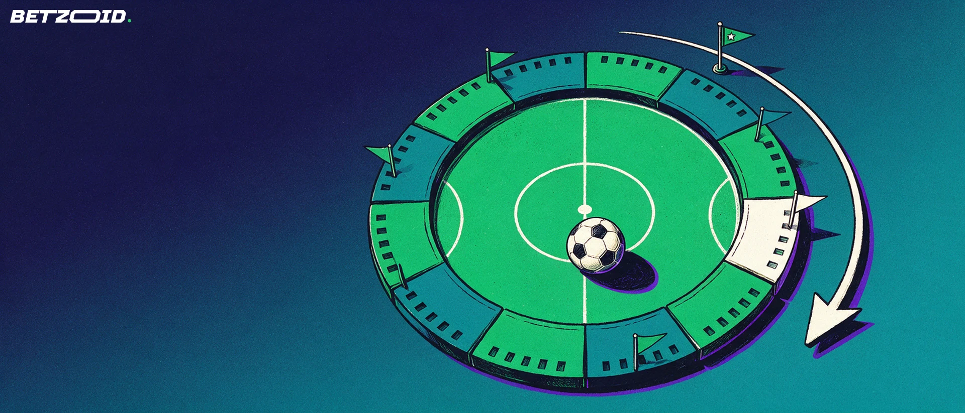Illustrasjon av en fotballbane sett ovenfra inne i en ring delt i like segmenter, med en fotball på midtpunktet og en pil som viser veien fra segment til segment.