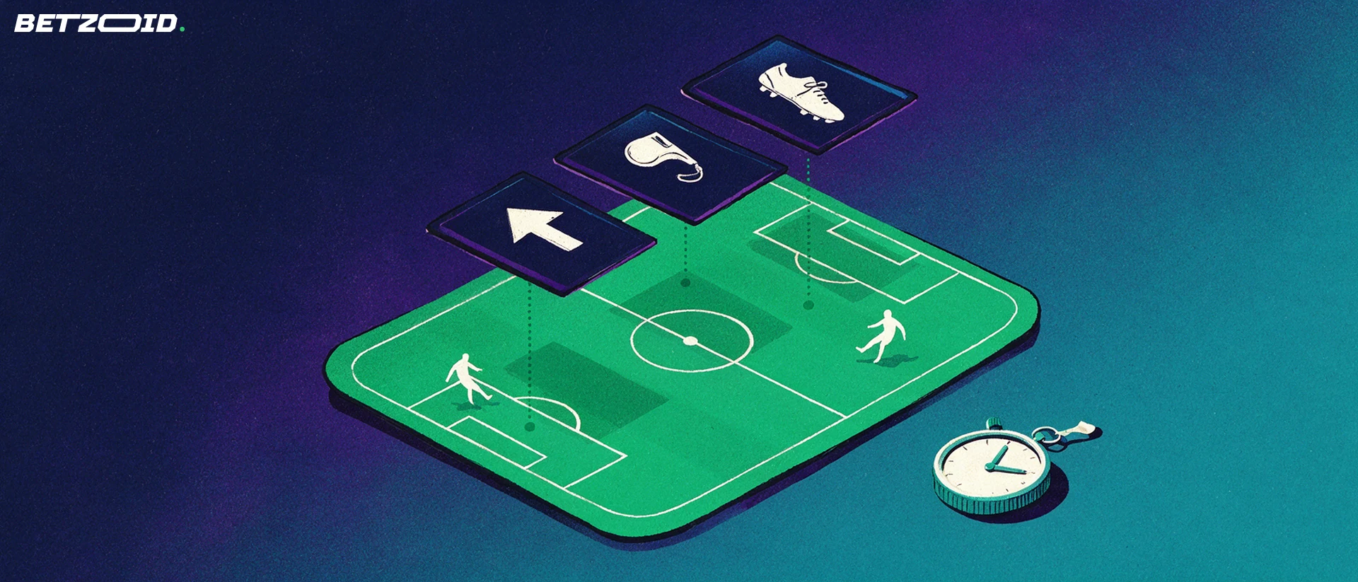 Illustrasjon av en fotballbane sett ovenfra med svevende analysepaneler, ikoner og en stoppeklokke