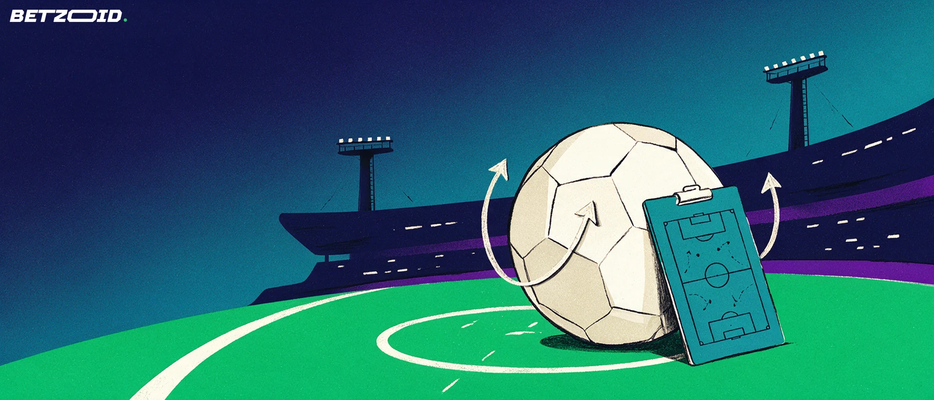 Ilustrace fotbalového míče na zeleném trávníku s taktickými šipkami, siluetou tribuny a deskou s nákresem hřiště.