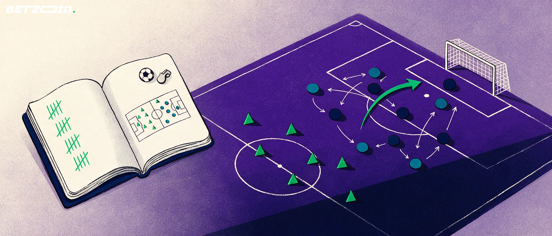 Ilustrace fotbalového hřiště z ptačí perspektivy s rozestavením hráčů jako geometrickými tvary, šipkami a poznámkovým blokem.