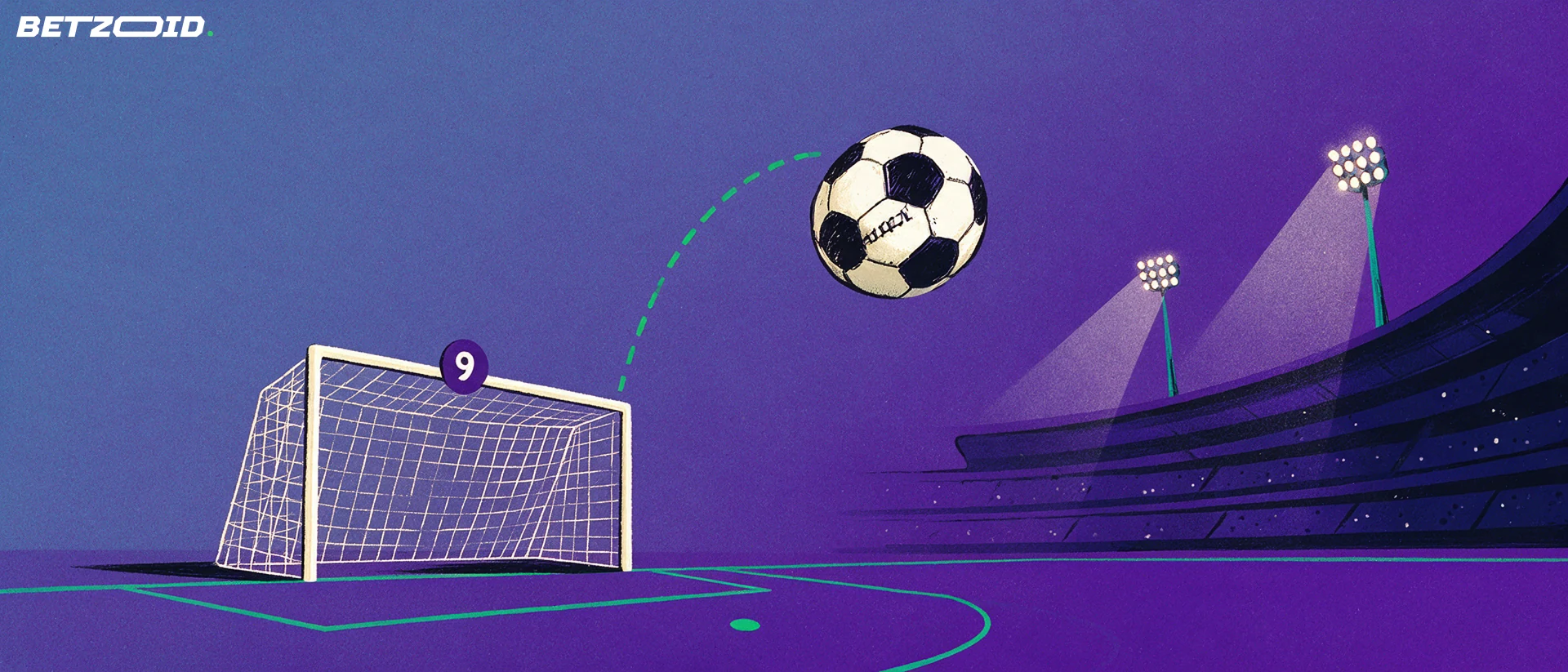 Ilustracja niskiego ujęcia stadionu piłkarskiego z bramką na pierwszym planie i piłką lecącą po łuku w stronę narożnika bramki.