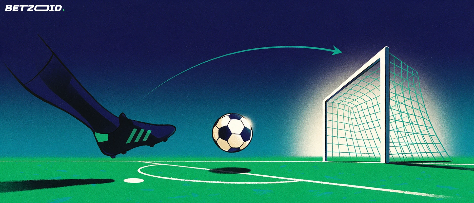 Ilustrație cu un fotbalist care lovește mingea, o traiectorie curbată în arc spre poartă și o porțiune de gazon cu linii albe.
