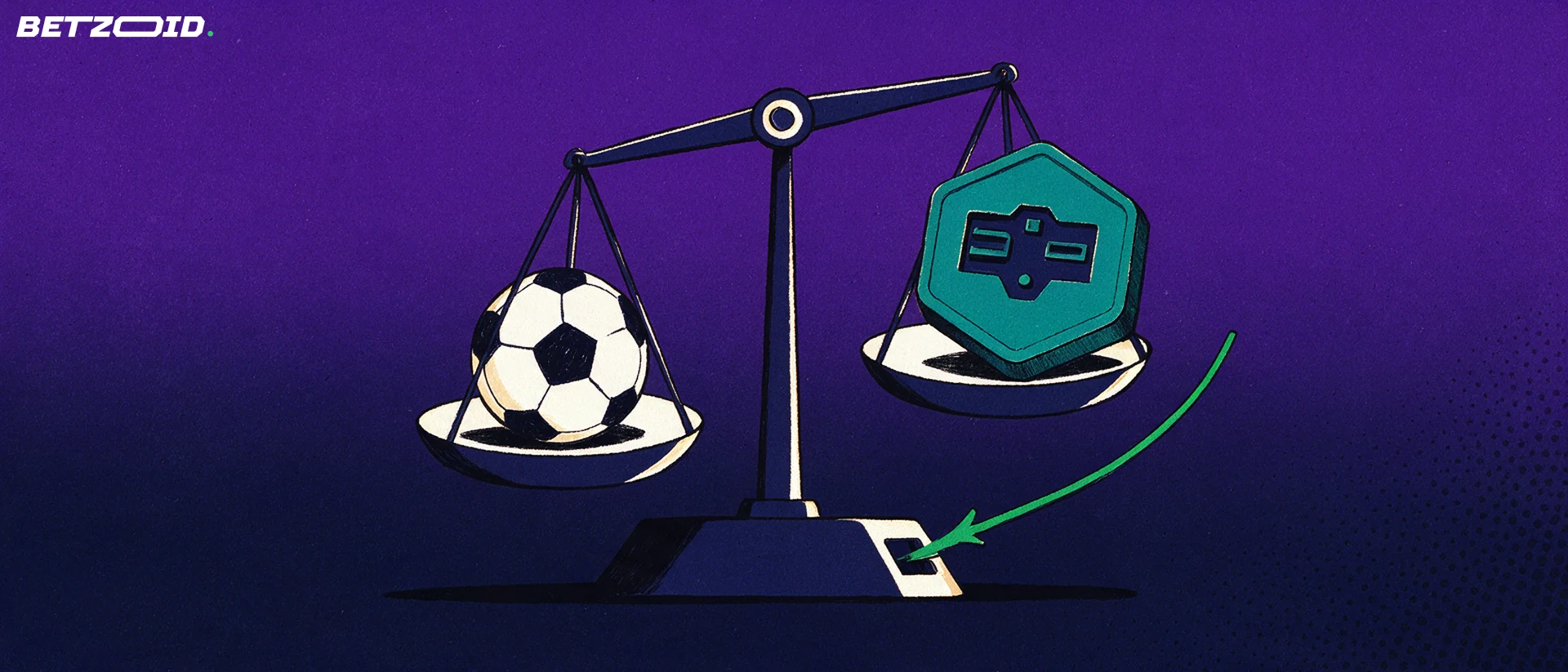 Ilustración de una balanza que compara un balón de fútbol con una ficha digital hexagonal y una flecha de depósito.