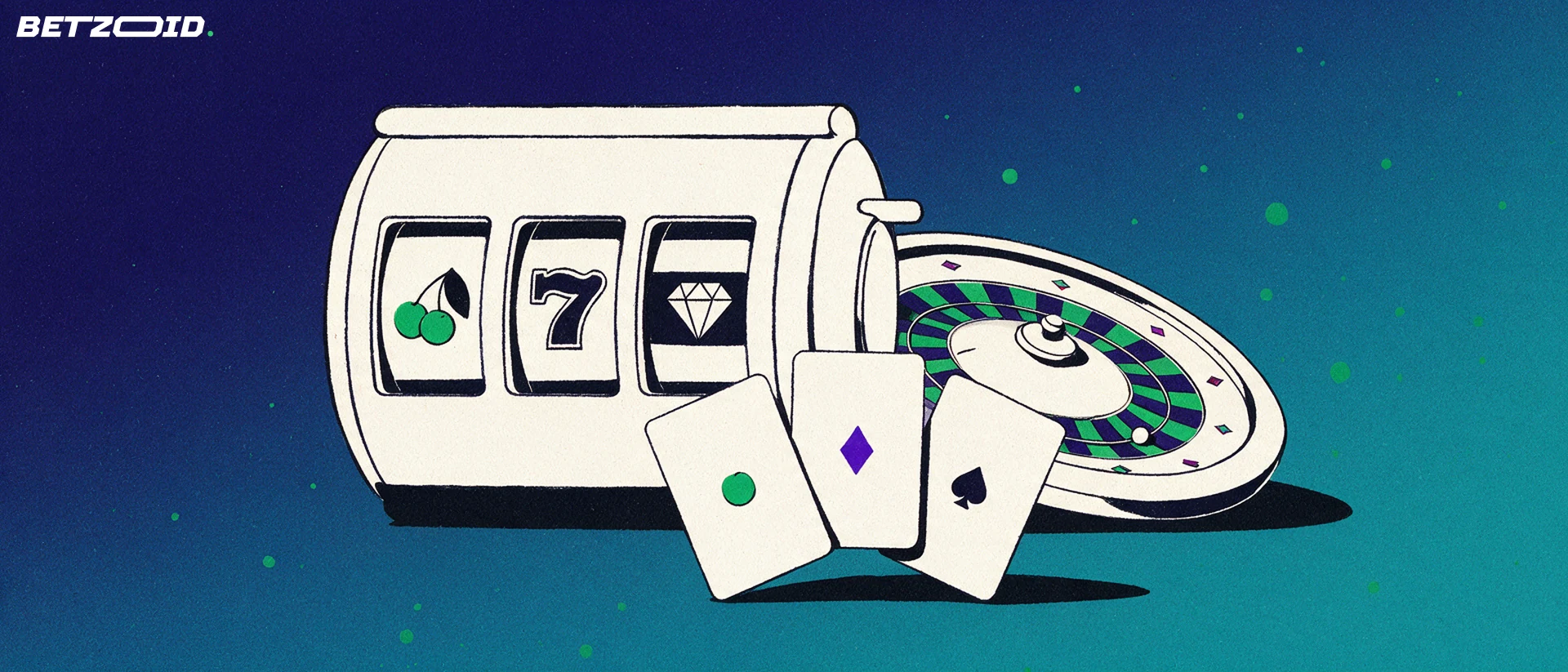 Ilustración de un tambor de tragamonedas con símbolos, una rueda de ruleta inclinada y un abanico de cartas sobre fondo azul marino.