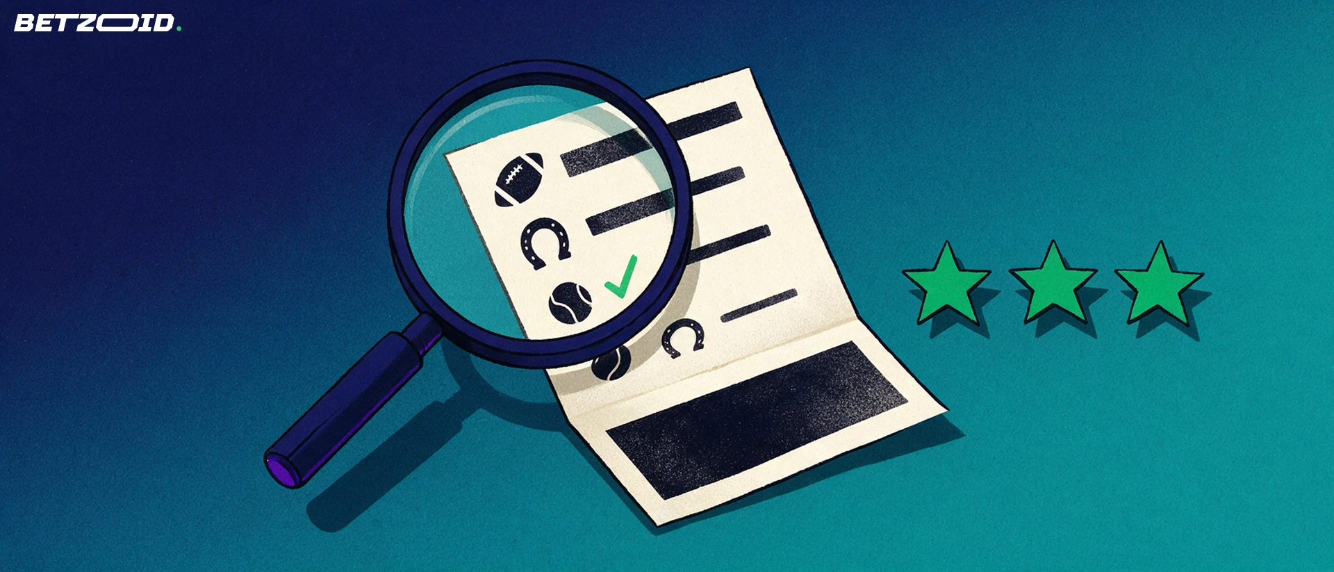Illustration of a magnifying glass enlarging sport symbols on a paper betting slip beside three rating stars.